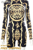 Yipinpay Retro Pattern Printed Bodysuit Women O Neck Tight Long Sleeves Sex For Woman Body Street Trend Temperament Tops Femme