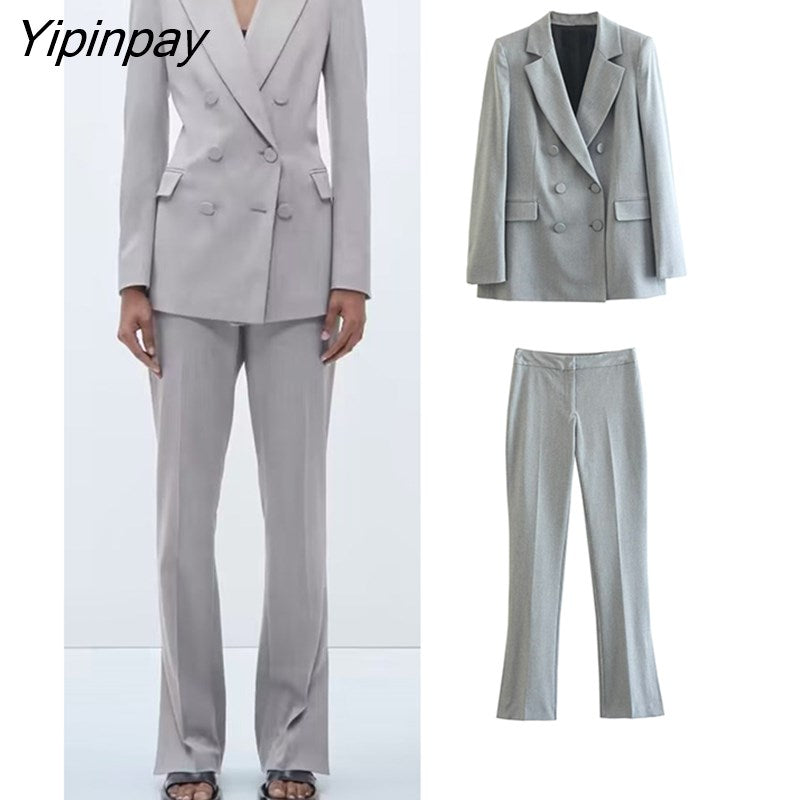 Yipinpay 2023 Spring Autumn Ladies Gray Blazer Suit Office Outfits Solid Double Breasted Jacket+Zipper Split Basic Long Pant Outwear