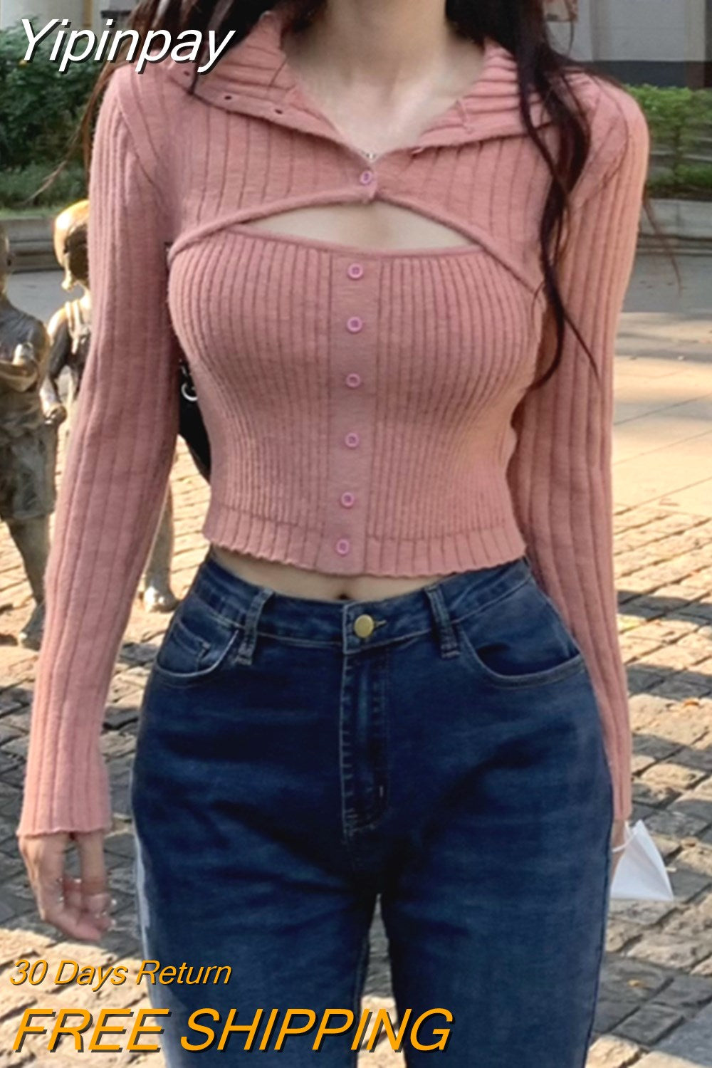 Yipinpay Sweater Woman Casual Long Sleeve Crop Tops Pure Color Elegant Pullover Korean Fashion Clothing Design 2023 Autumn Slim