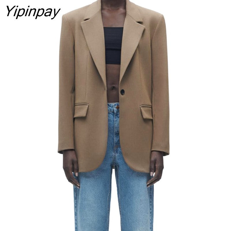 Yipinpay 2023 New Spring Autumn Women OL Blazer Coats Vintage Notched Long Sleeve Single Button Jackets Outerwear Tops