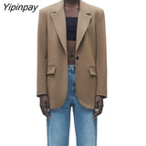 Yipinpay 2023 New Spring Autumn Women OL Blazer Coats Vintage Notched Long Sleeve Single Button Jackets Outerwear Tops