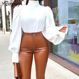 Yipinpay Women Fashion Elegant Solid Long Puff Sleeves Basic Lace Up Formal Working Blouses Tops