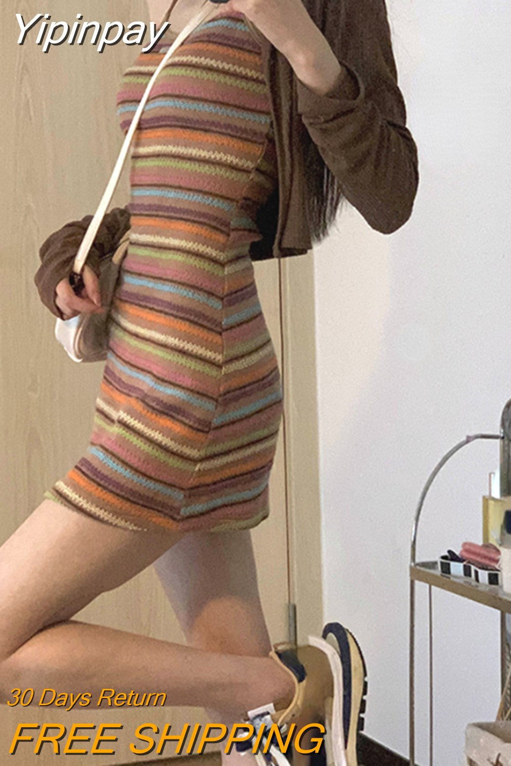 Yipinpay Summer Korean 2 Piece Dress Set Woman Rainbow Sexy Bodycon Strap Mini Dress + Pure Color Long Sleeve Tops Elegant Suit