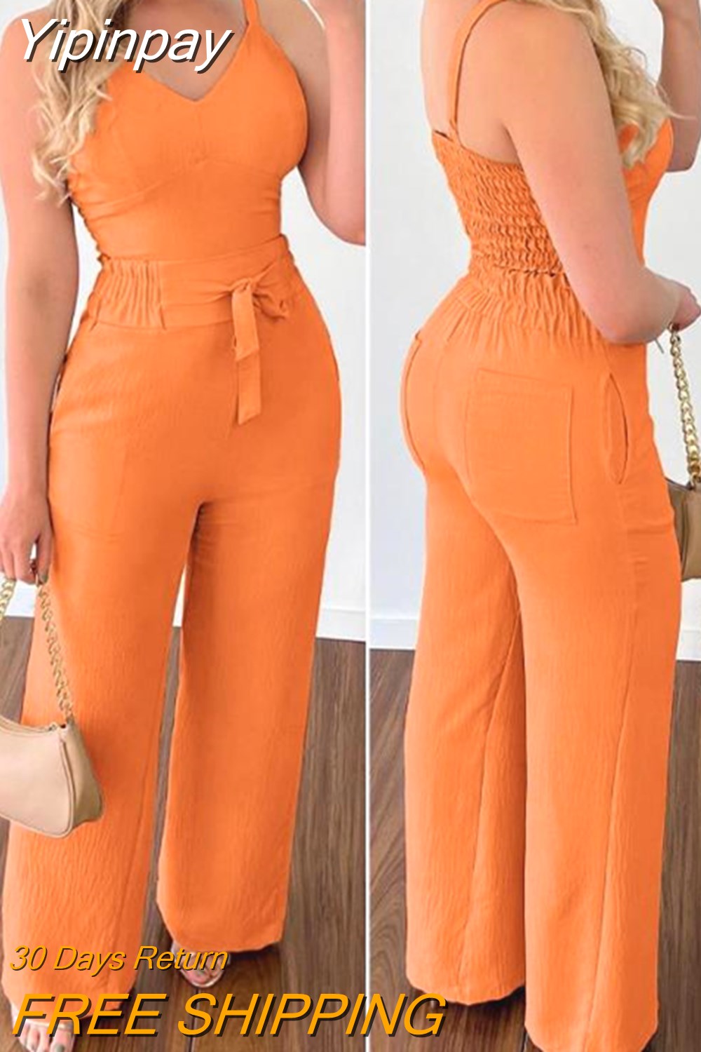 Yipinpay Summer Woman Long Jumpsuits Elegant Sexy V-Neck Shirred Cami Top & High Waist Pants Set New Fashion Casual One Pieces