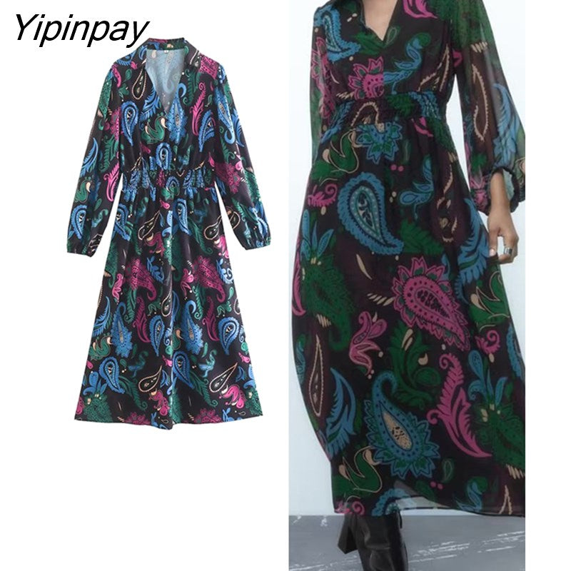 Yipinpay 2023 Elegant Women Printed Dresses Spring Autumn Fashion Ladies Party Mid-Calf Dresses Straight Long Sleeve Vestidos