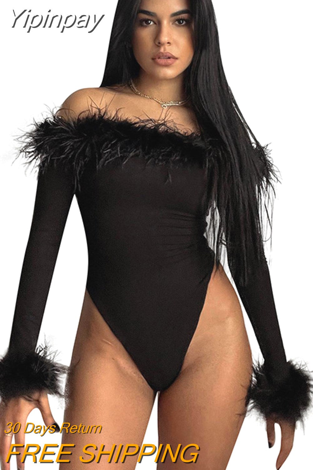 Yipinpay Korean Velvet Feather Long-sleeved Bodysuit Shapewear Women Strapless Tops Nightclub Street Sexy Bottoming Clothes Femme