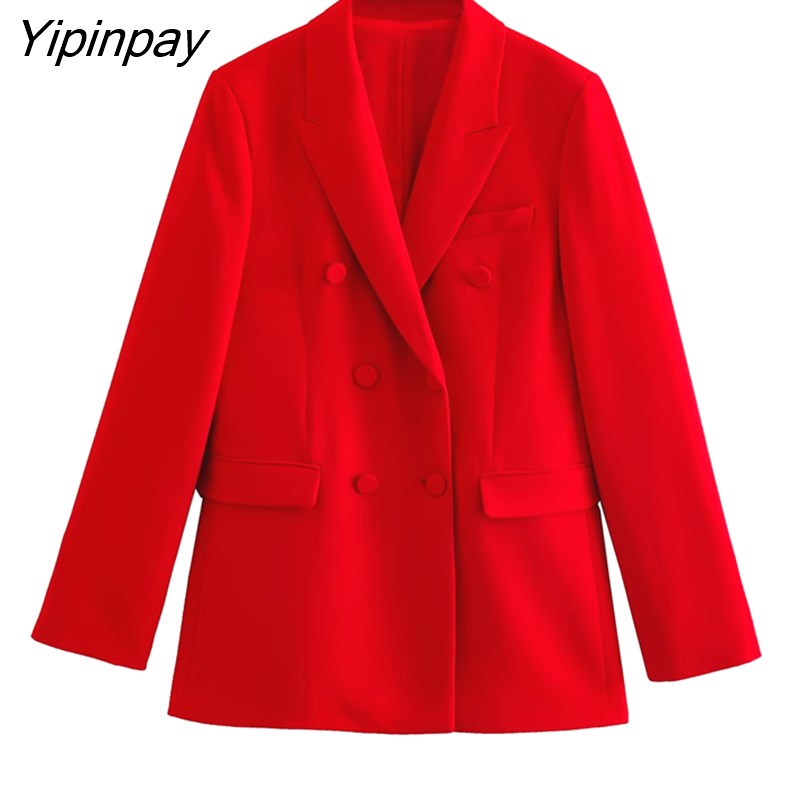 Yipinpay 2023 Spring Office Lady Red Blazer Suits Sets Women Fashion Double Breasted Jacket Solid High Waiste Zipper Straight Pants