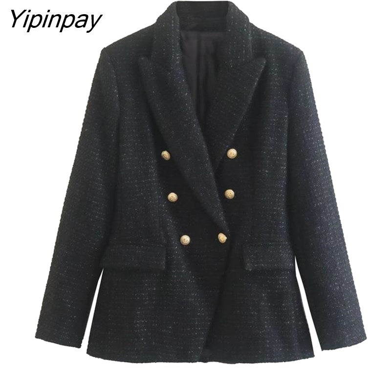 Yipinpay Spring Autumn Women Jacket Coat 2023 Fashion Double Breasted Tweed OL Blazer Vintage Long Sleeve Female Outerwear Chic Top