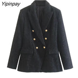 Yipinpay Spring Autumn Women Jacket Coat 2023 Fashion Double Breasted Tweed OL Blazer Vintage Long Sleeve Female Outerwear Chic Top
