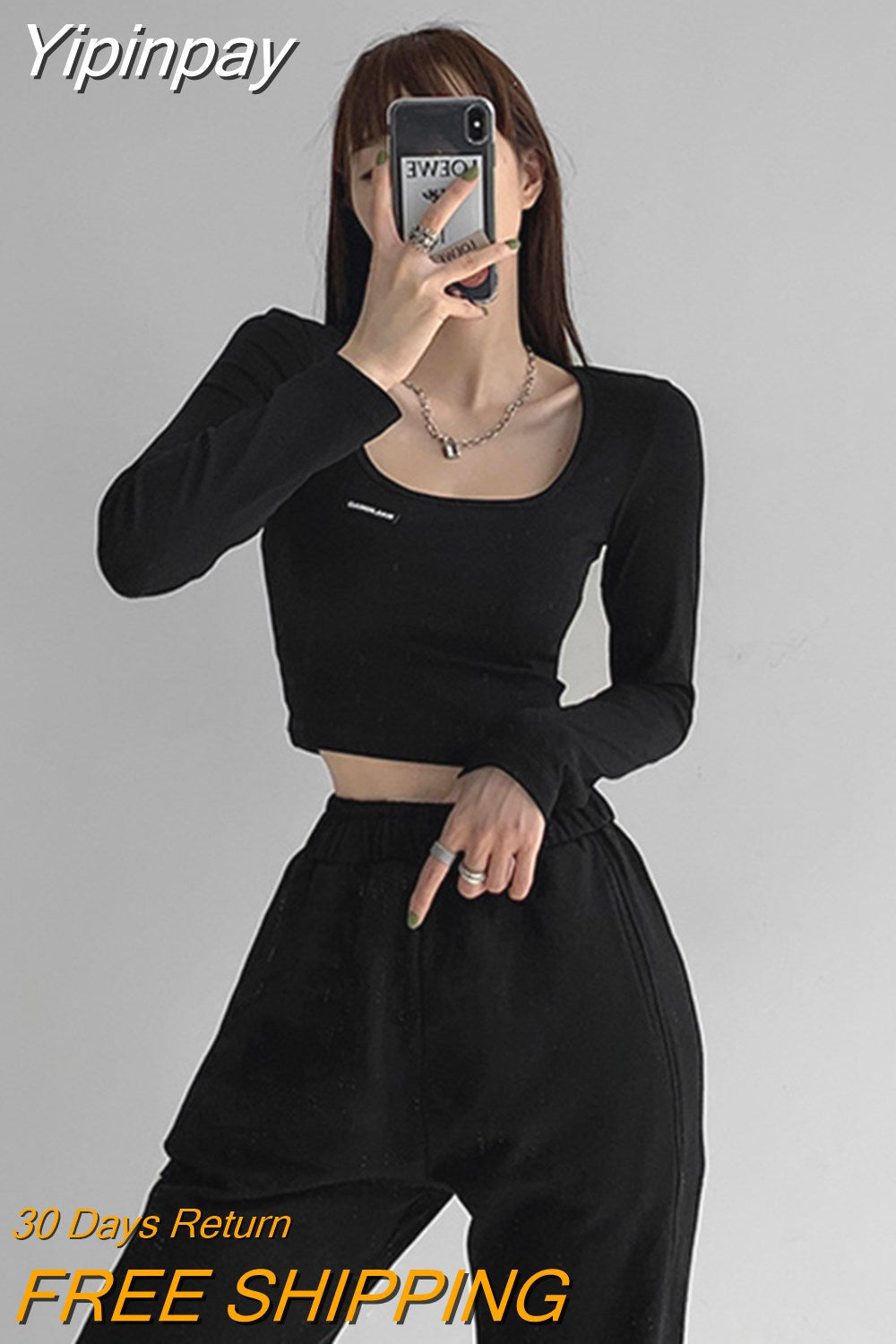 Yipinpay Labeling Long Sleeve T-shirt Women New Korean Skinny Cropped Tops Fashion Casual Square Collar Basic Tees Egirls