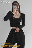 Yipinpay Labeling Long Sleeve T-shirt Women New Korean Skinny Cropped Tops Fashion Casual Square Collar Basic Tees Egirls