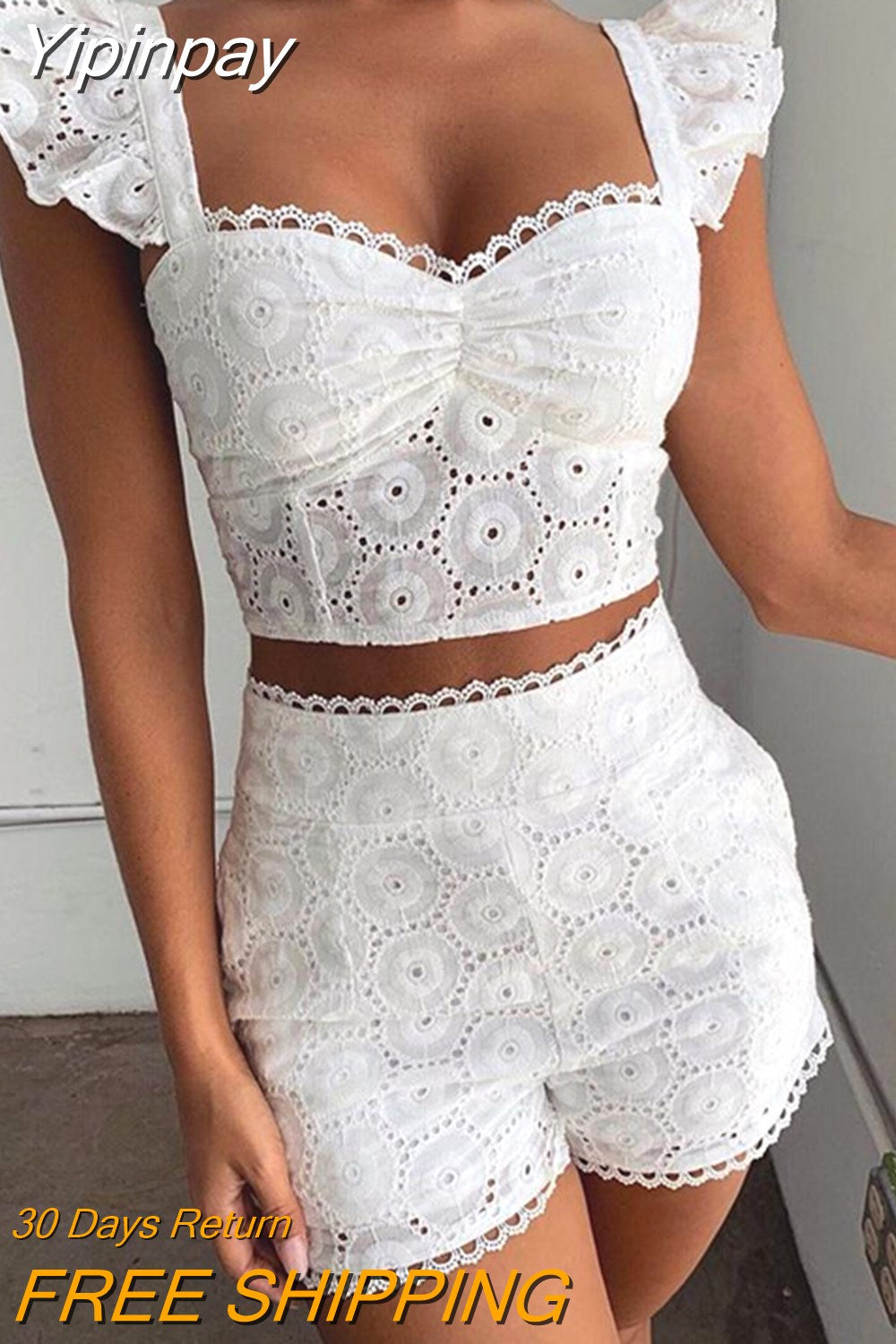 Yipinpay Ruffles Hollow Out Top & Short Sets