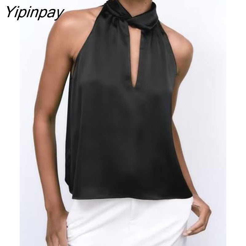 Yipinpay 2023 Spring Autumn Women Solid Blouses Causal Hollow Out Sleeveless Thin Tops Thin Sexy Halter Collar T-Shirts