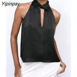 Yipinpay 2023 Spring Autumn Women Solid Blouses Causal Hollow Out Sleeveless Thin Tops Thin Sexy Halter Collar T-Shirts