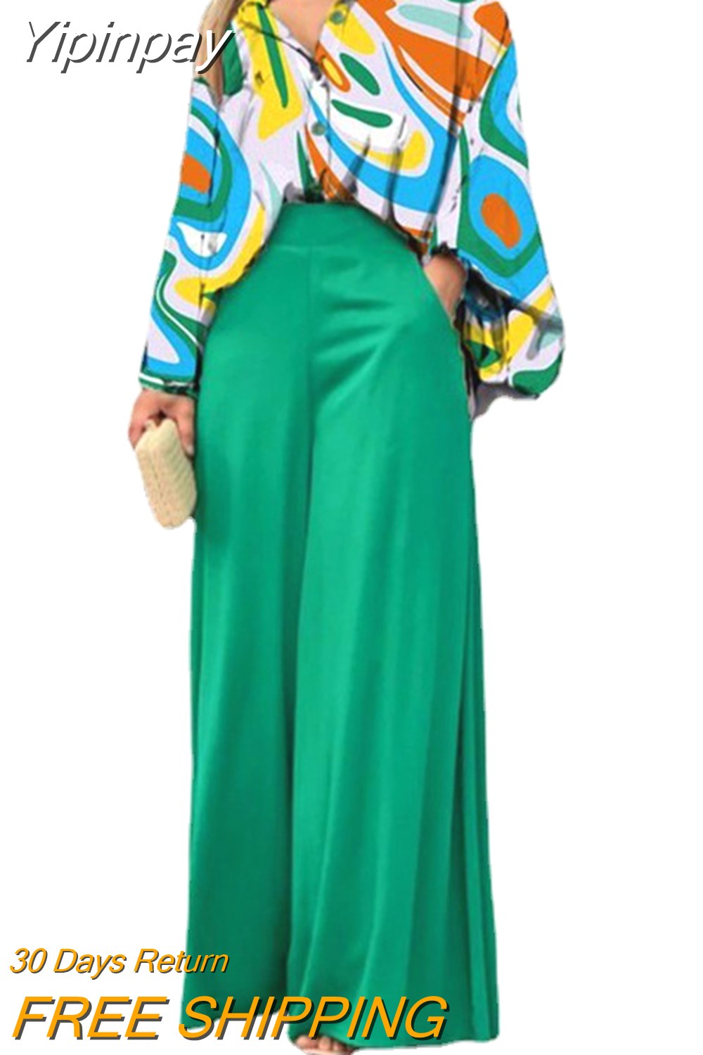 Yipinpay 2023 Summer Loose Large Size Casual Printed Shirt Top Wide Leg Pants Two Piece Set Female Suit Fashion Outfits