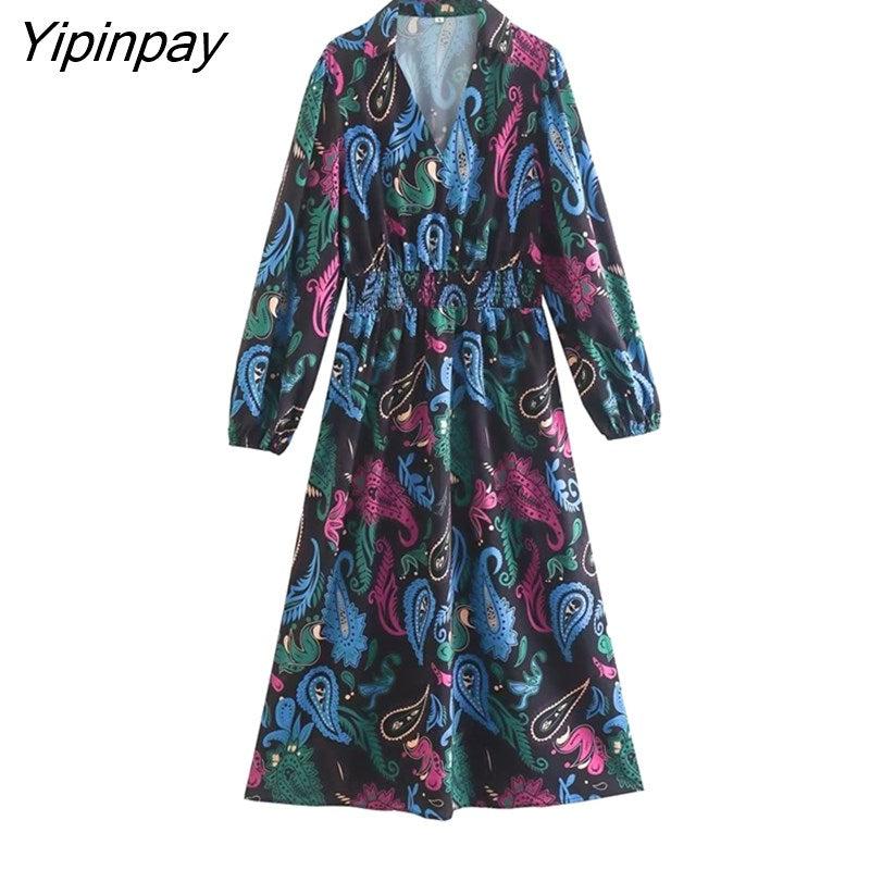 Yipinpay 2023 Elegant Women Printed Dresses Spring Autumn Fashion Ladies Party Mid-Calf Dresses Straight Long Sleeve Vestidos