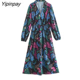 Yipinpay 2023 Elegant Women Printed Dresses Spring Autumn Fashion Ladies Party Mid-Calf Dresses Straight Long Sleeve Vestidos