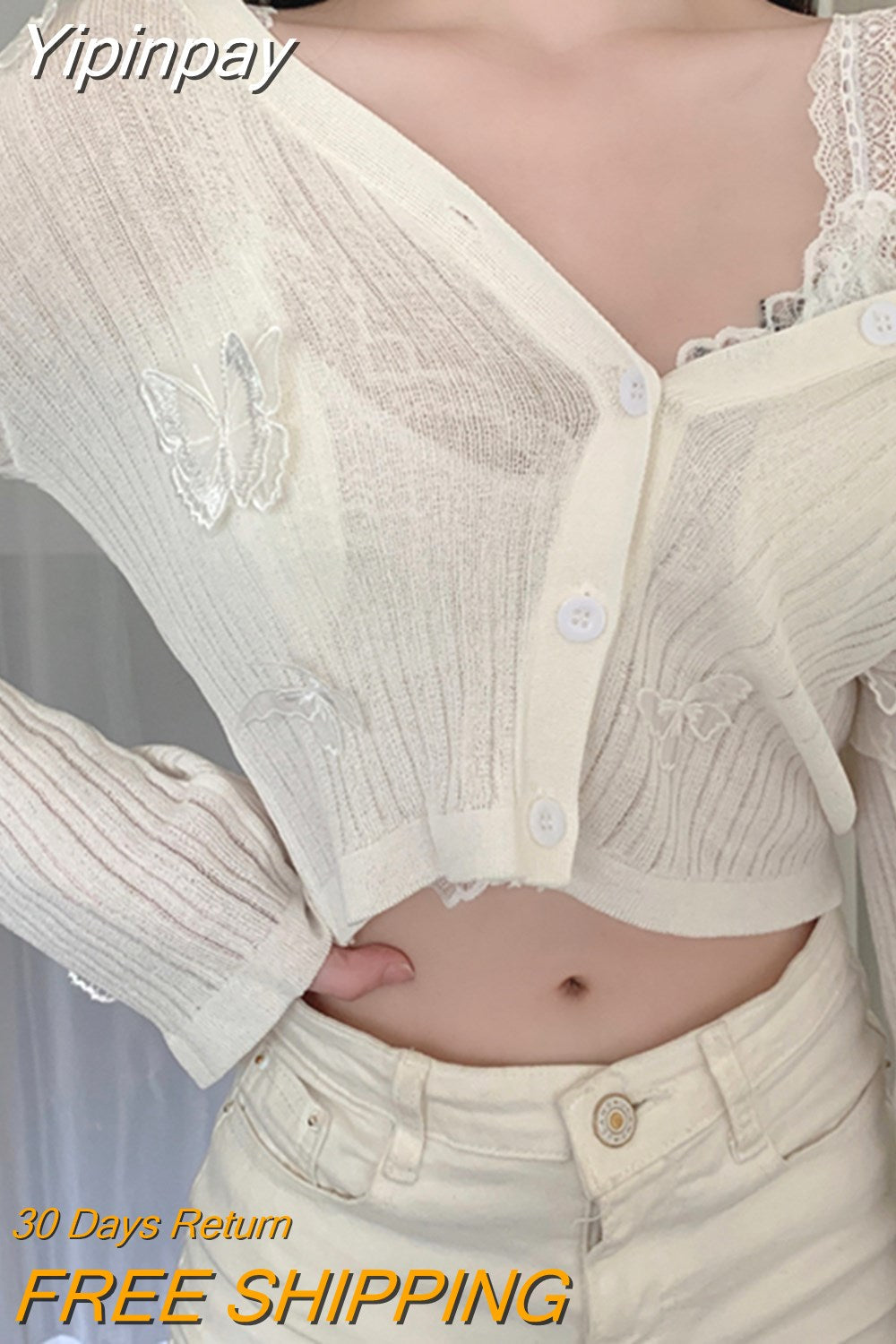 Yipinpay Knit Cardigans Women Korean Sexy V-Neck Fitness Crop Tops Ladies Summer Thin Long Sleeved Sunscreen Jackets