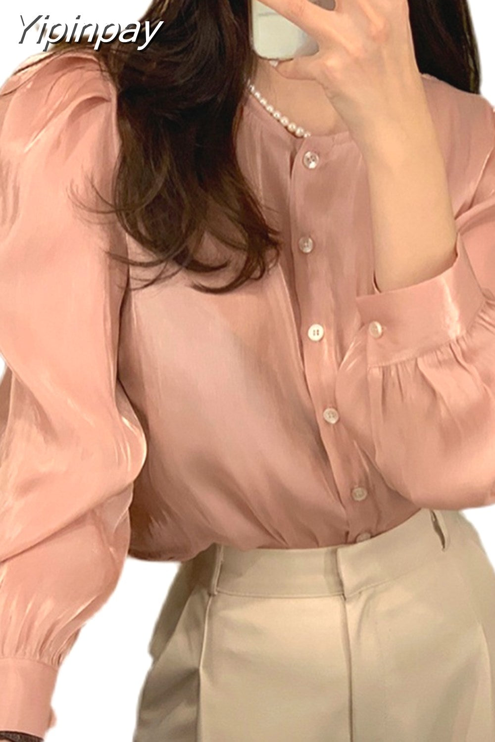 Yipinpay Button Puff Sleeve Shirt O-Neck Pink Pearly Silky 2023 Spring Shirt Summer Korean Women's Top