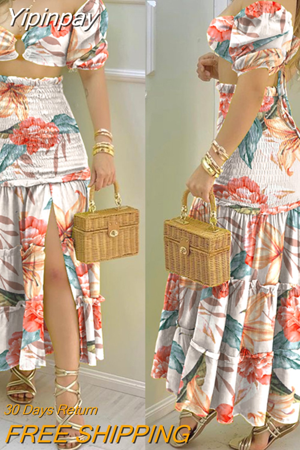 Yipinpay Fashion Holiday Floral Print O Neck Crop Top Shirr +Slit High Waist Women Maxi Skirt Sets 2023 Female Fashion New