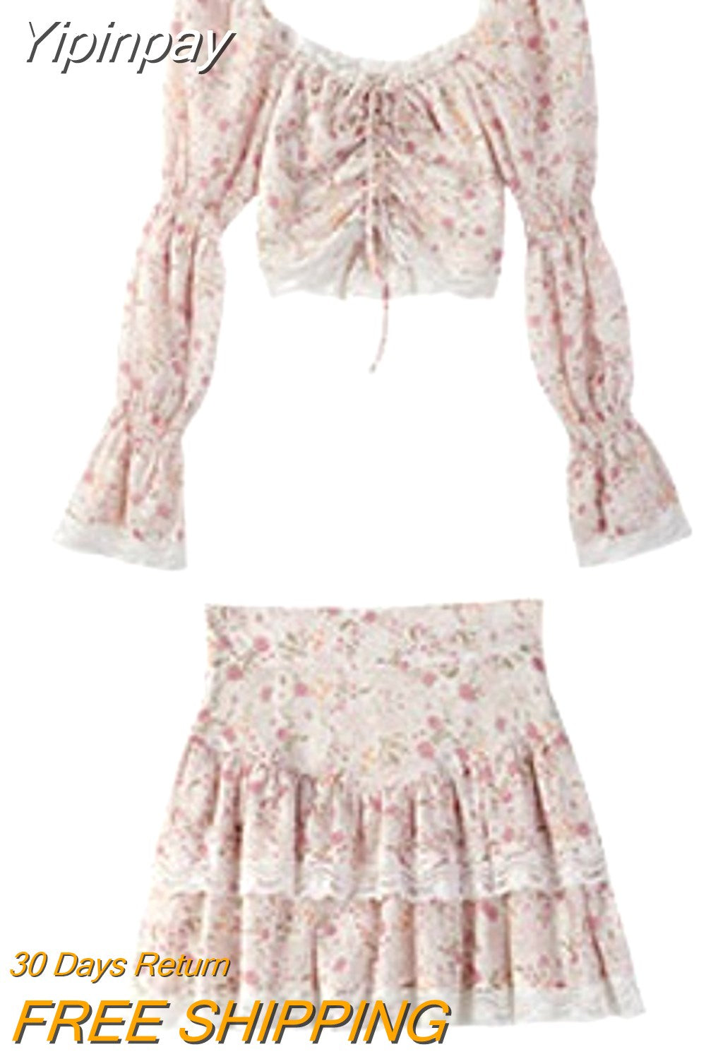 Yipinpay Summer Sweet 2 Piece Dress Set Woman Korean Fashion Suit Beach Floral Y2k Mini Skirt + Casual Lace Crop Tops Elegant Chic