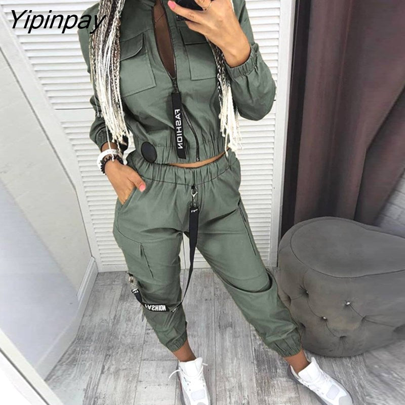 Yipinpay Women Soild Pockets Zipper Design Ruched Coat & Cargo Pants Sets Casual Women Sets