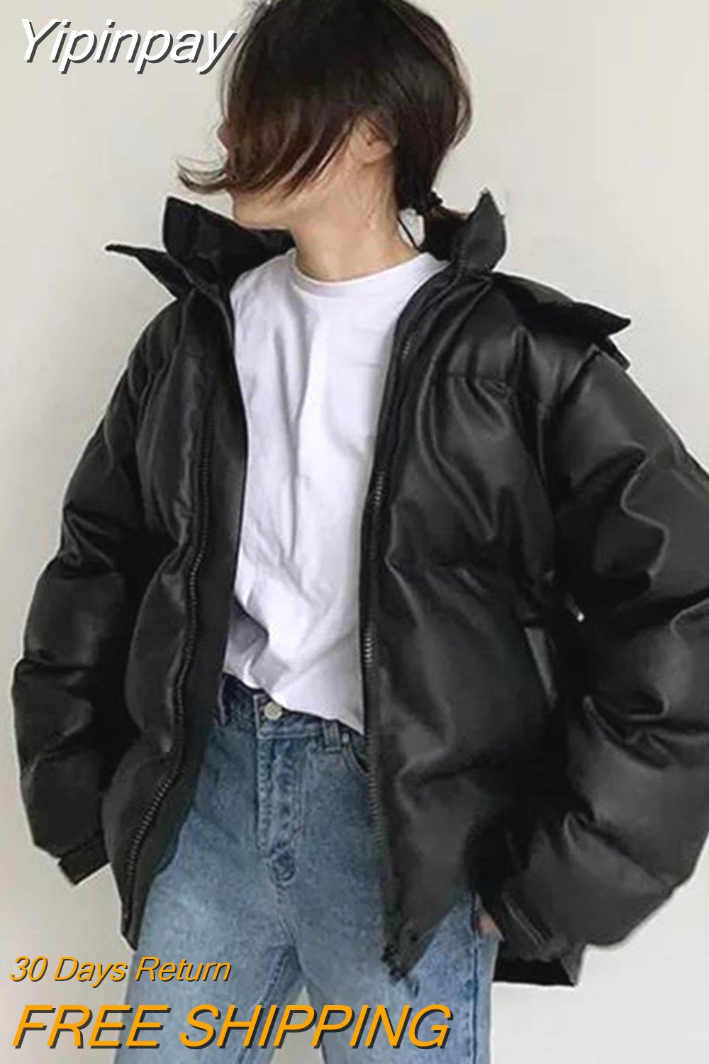 Yipinpay New Hooded Puffer Jacket Women Korean Loose Warm Black Leather Bubble Coats Female Streetwear