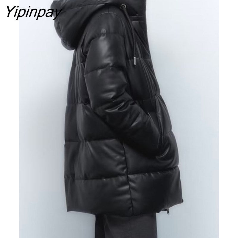 Yipinpay Winter Women's Leather Cotton Coat 2023 Ladies Fashion Thicken Warm Hooded Parkas Casual Cold Street Zipper Outwear