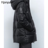 Yipinpay Winter Women's Leather Cotton Coat 2023 Ladies Fashion Thicken Warm Hooded Parkas Casual Cold Street Zipper Outwear