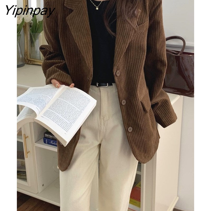 Yipinpay Casual Cordury Suit Women Winter Oversized Single Breasted Blazer Classic Office Coat Ladies Jancket Female Outwear