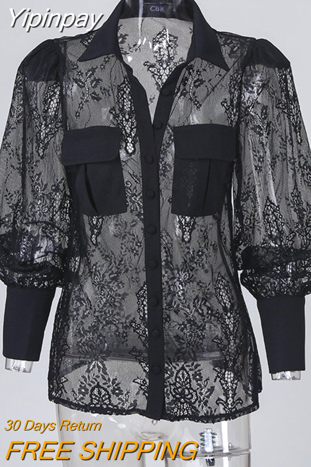 Yipinpay Women Sexy Solid Lace Lantern Sleeves Button and Pocket Deco Black BlousesTops
