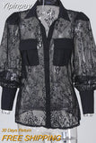 Yipinpay Women Sexy Solid Lace Lantern Sleeves Button and Pocket Deco Black BlousesTops