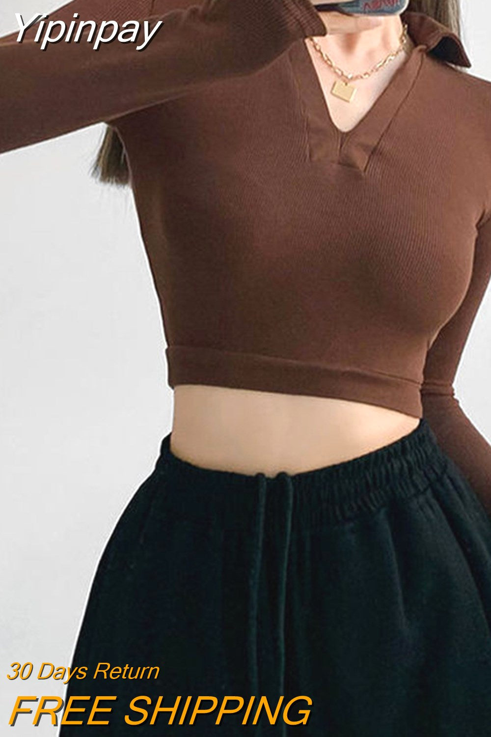 Yipinpay Fashion Y2K Polo Shirts Women Spring Autumn New Slim V-neck Tshirt Feminina Sexy Long Sleeve Crop Tops