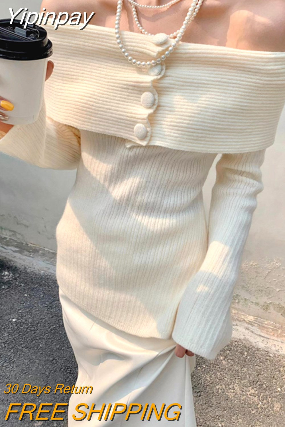 Yipinpay Shoulder Y2k Knitted Sweater Women Casual Long Sleeve Elegant Pullover 2023 Autumn Pure Color Korea Fashion Tops Female Chic