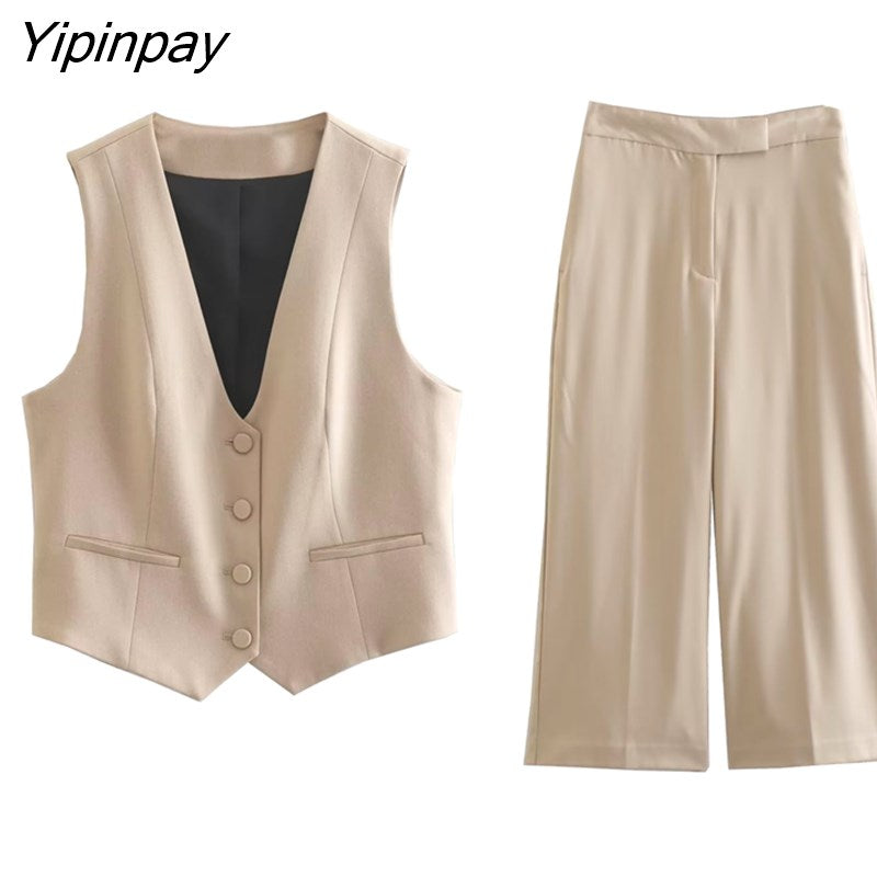 Yipinpay Fashion Women Pant Vest Suit Sets 2pcs 2023 Spring Autumn V-neck Coat+Zipper Ankle-Length Pants Basic Causal Office Outfits