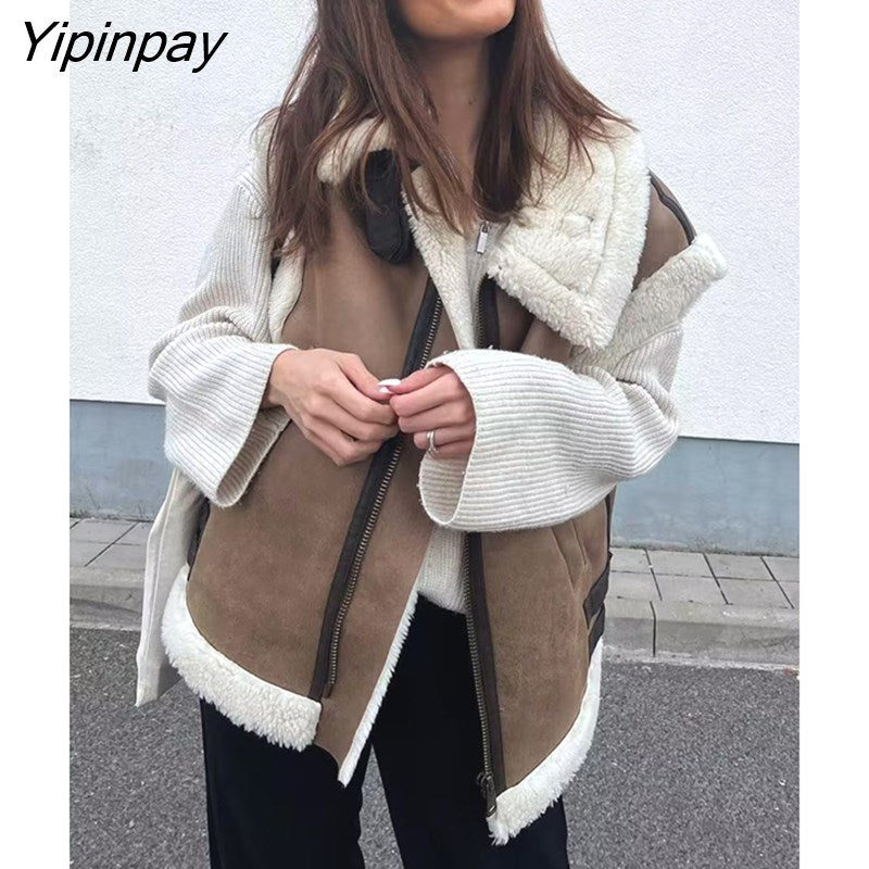Yipinpay Women Fashion Winter Fleece Vest Coats 2023 Thick Warm Lapel Zip Locomotive Waistcoat Top Chic Female Suede Fur All-in-One