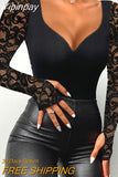Yipinpay TeeContrast Lace Cutout Long Sleeve Top ew ashion woman shirt 2023 autumn winter spring blouses female clothing outfits