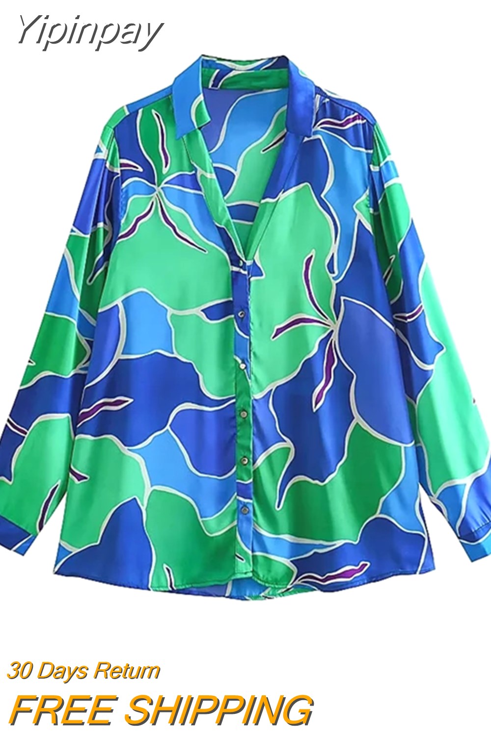 Yipinpay 2023 Blue Print Satin Shirt Woman Vintage Button Up Shirt Women Long Sleeve Shirts And Blouses Women Casual Loose Blouses