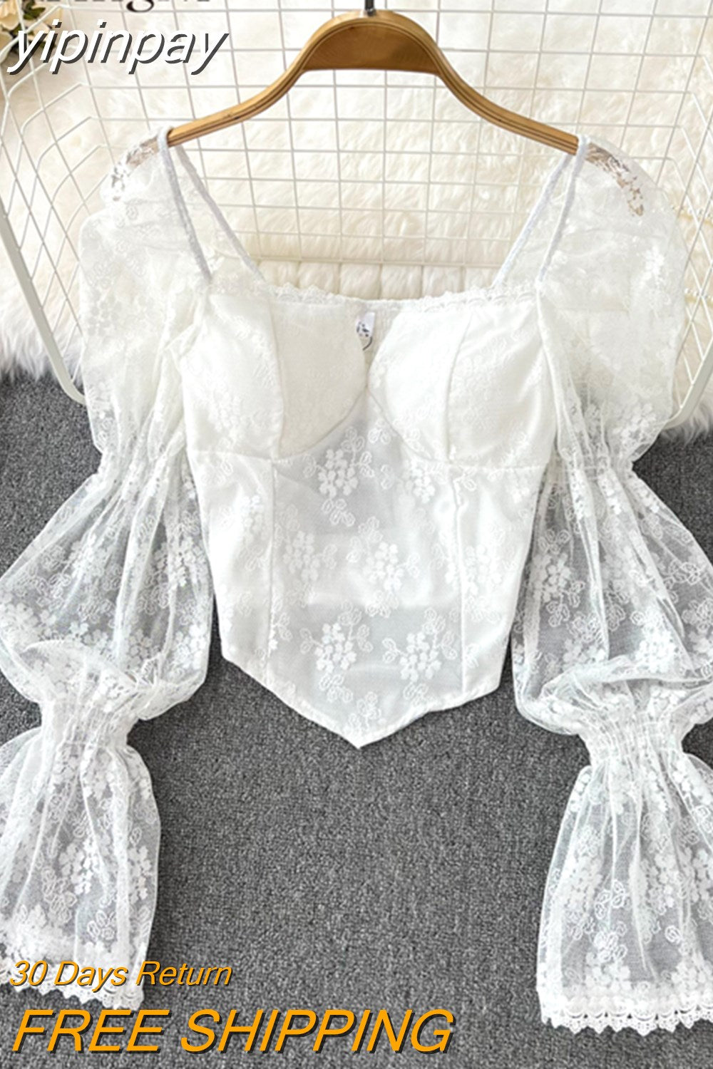 yipinpay 2023 Korean Fashion Elegant Lace Blusas Women Square Collar White Blouses Sexy Crop Top Shirts Female Black Camisas