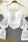 yipinpay 2023 Korean Fashion Elegant Lace Blusas Women Square Collar White Blouses Sexy Crop Top Shirts Female Black Camisas