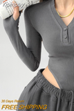 Yipinpay Vintage Bodysuits Women Sexy Y2K Slim One-pieces T-shirts Fashion Trend New V-neck Hollow Long Sleeve Tops