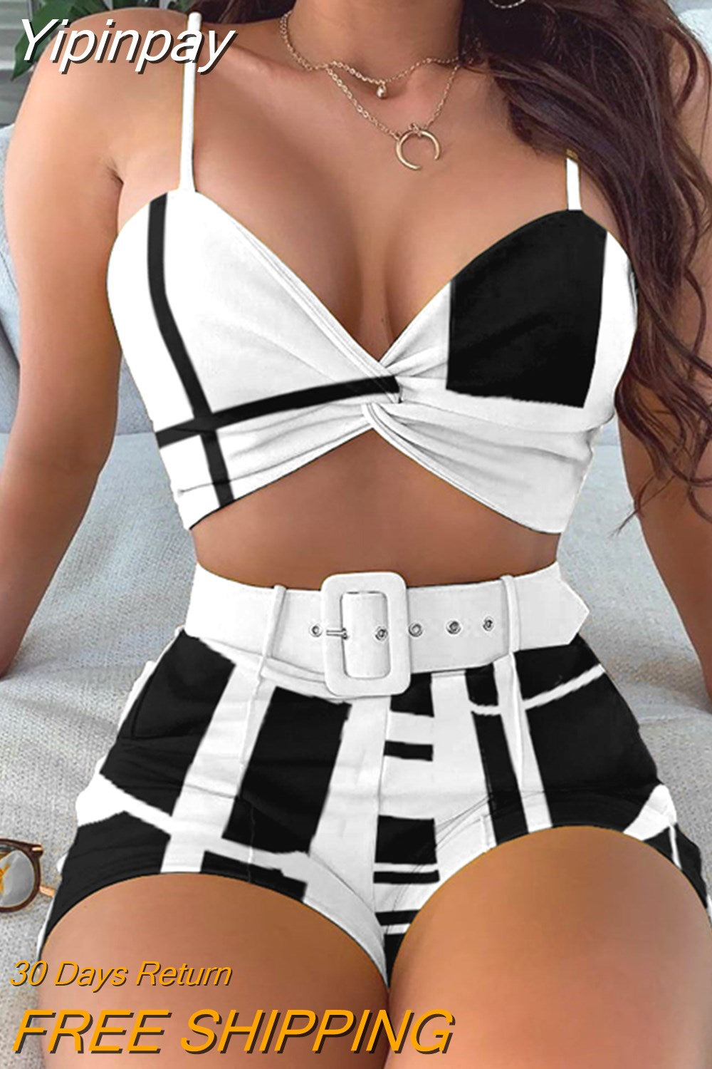 Yipinpay Spaghetti Strap Twisted Top & Shorts Set Women Suit