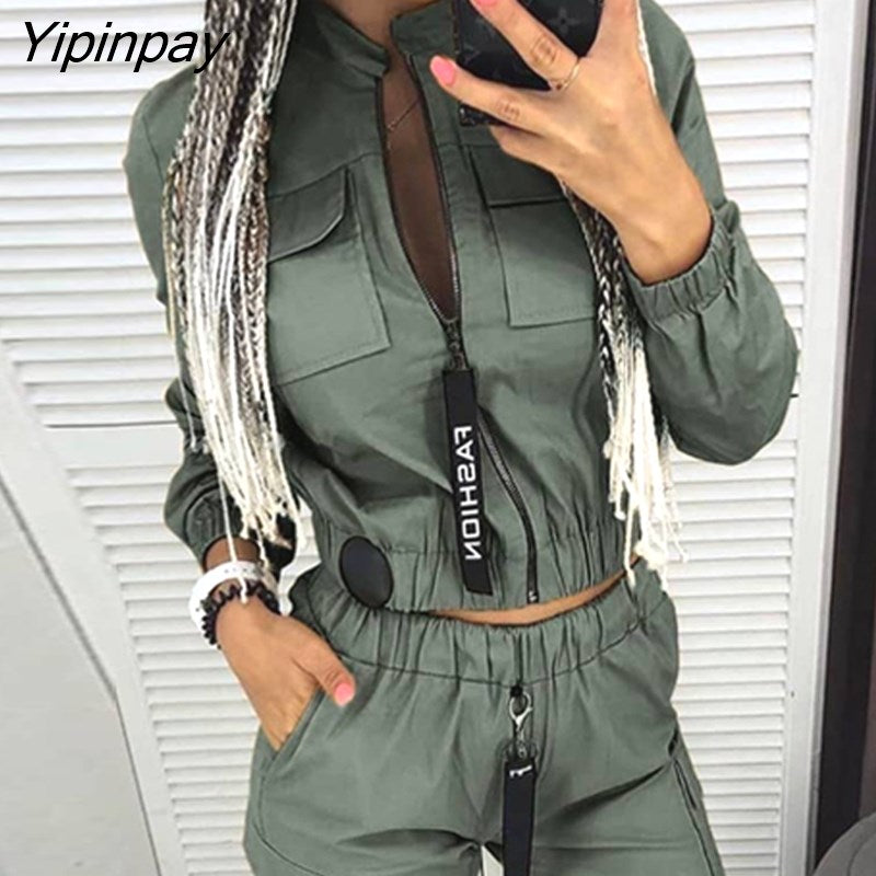 Yipinpay Women Soild Pockets Zipper Design Ruched Coat & Cargo Pants Sets Casual Women Sets
