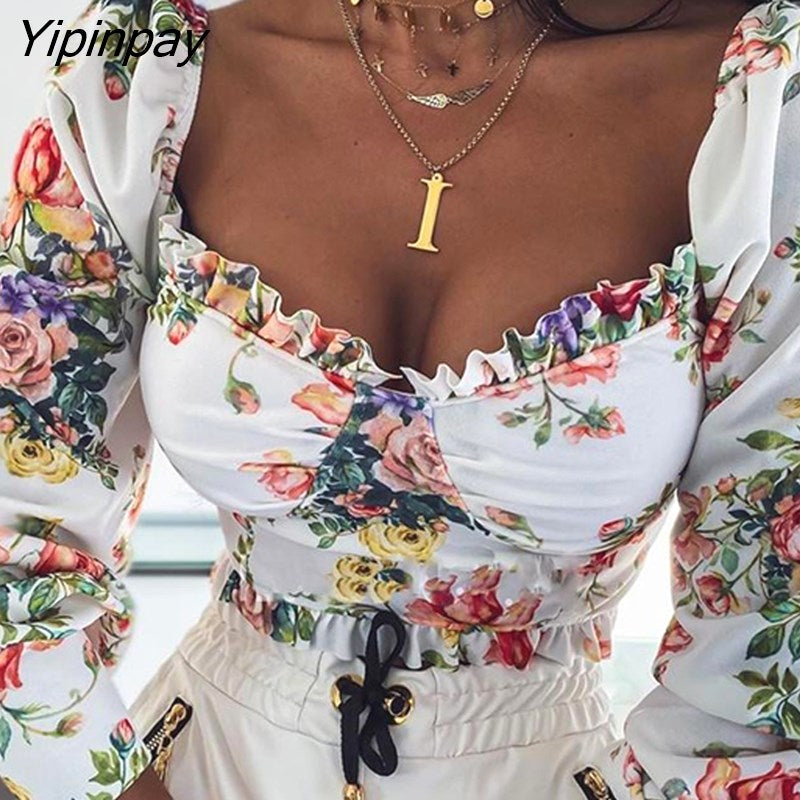 Yipinpay Sleeve Square Neck Floral Print Top Women Plus Size Tops Spring Tops and Blouses