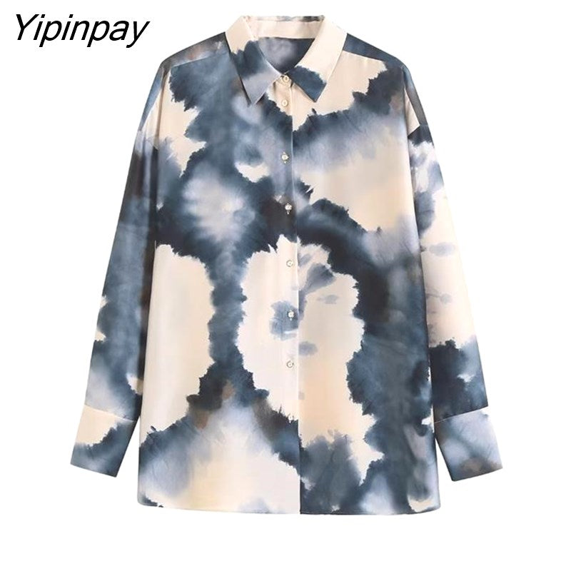 Yipinpay 2023 Fashion Women Tie-Dye Printed Skirts Sets Summer Turn Down Collar Shirts Top Side Mid-Calf Casual Skirts