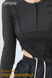 Yipinpay Fashion Line Skinny Crop Tops Women Irregular Oblique Edge T-shirts Female Black White Crewneck Long Sleeve Top