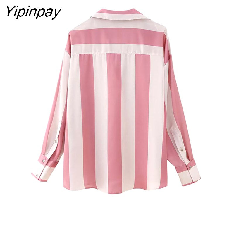 Yipinpay 2023 New Women Thin Striped Blouses Shirt Summer Causal Turn-Down Collar Tops Vintage Single Breasted Loose T-Shirts