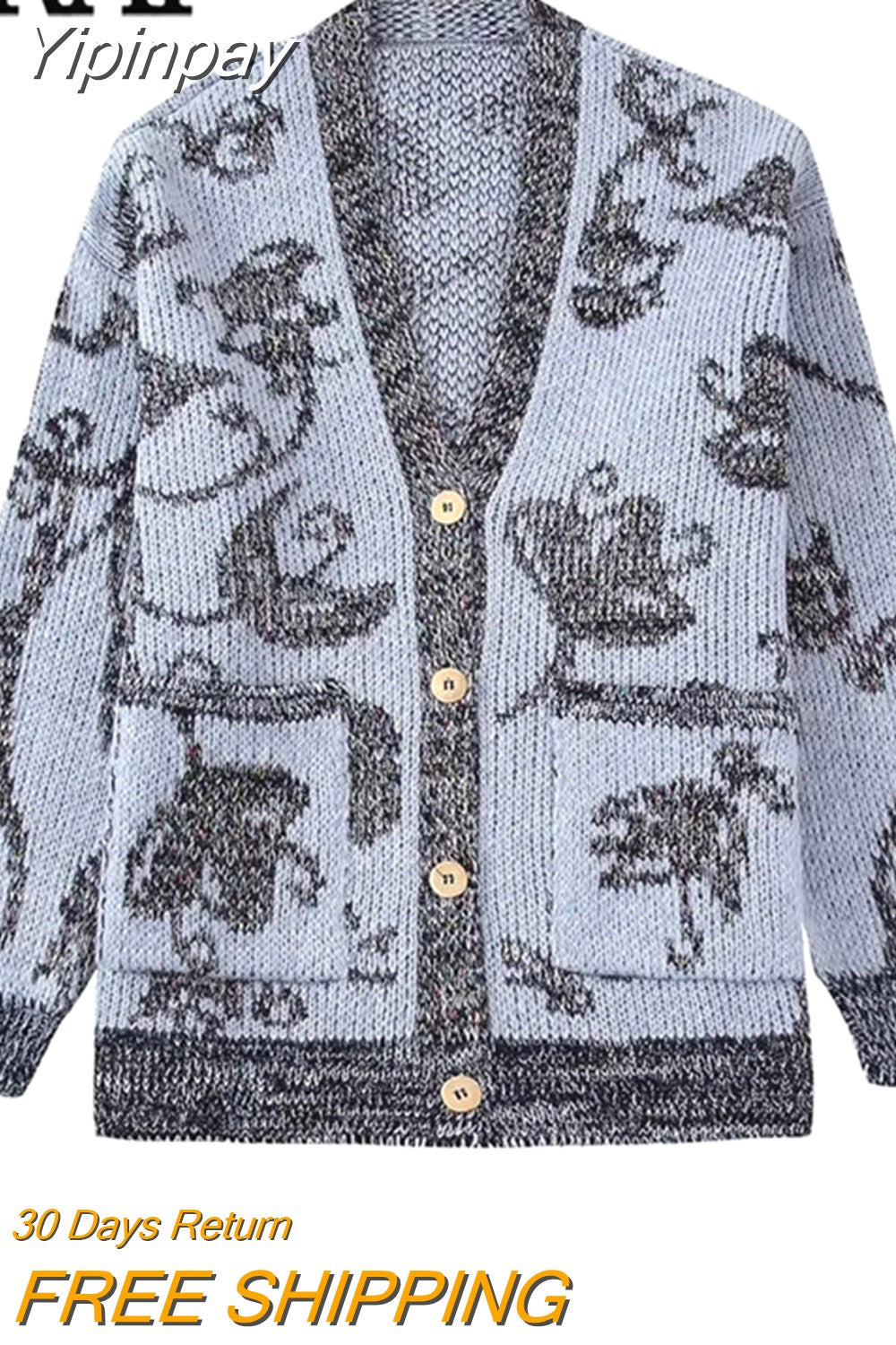Yipinpay 2023 Knitted Cardigan Women Jacquard Vintage Knit Sweater Woman Winter Long Sleeve V Neck Sweater Women's Warm Cardigan
