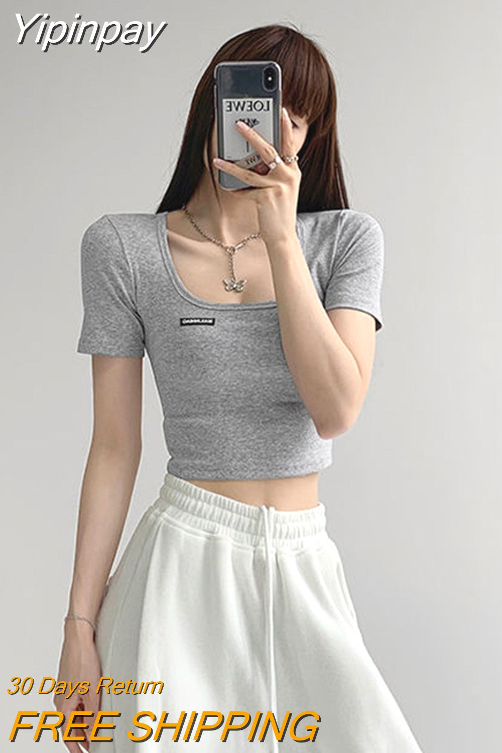 Yipinpay Square Neck Tops Women Summer Tight Short Sleeve Tees Solid Color Cropped Top Female 2023 New