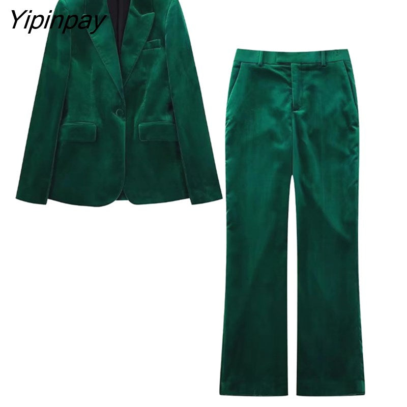 Yipinpay New Women Autumn Velvet Blazer Pants Set 2023 Fashion Office Single Button Jacket Coat Female Oversize Clothes Outerwear